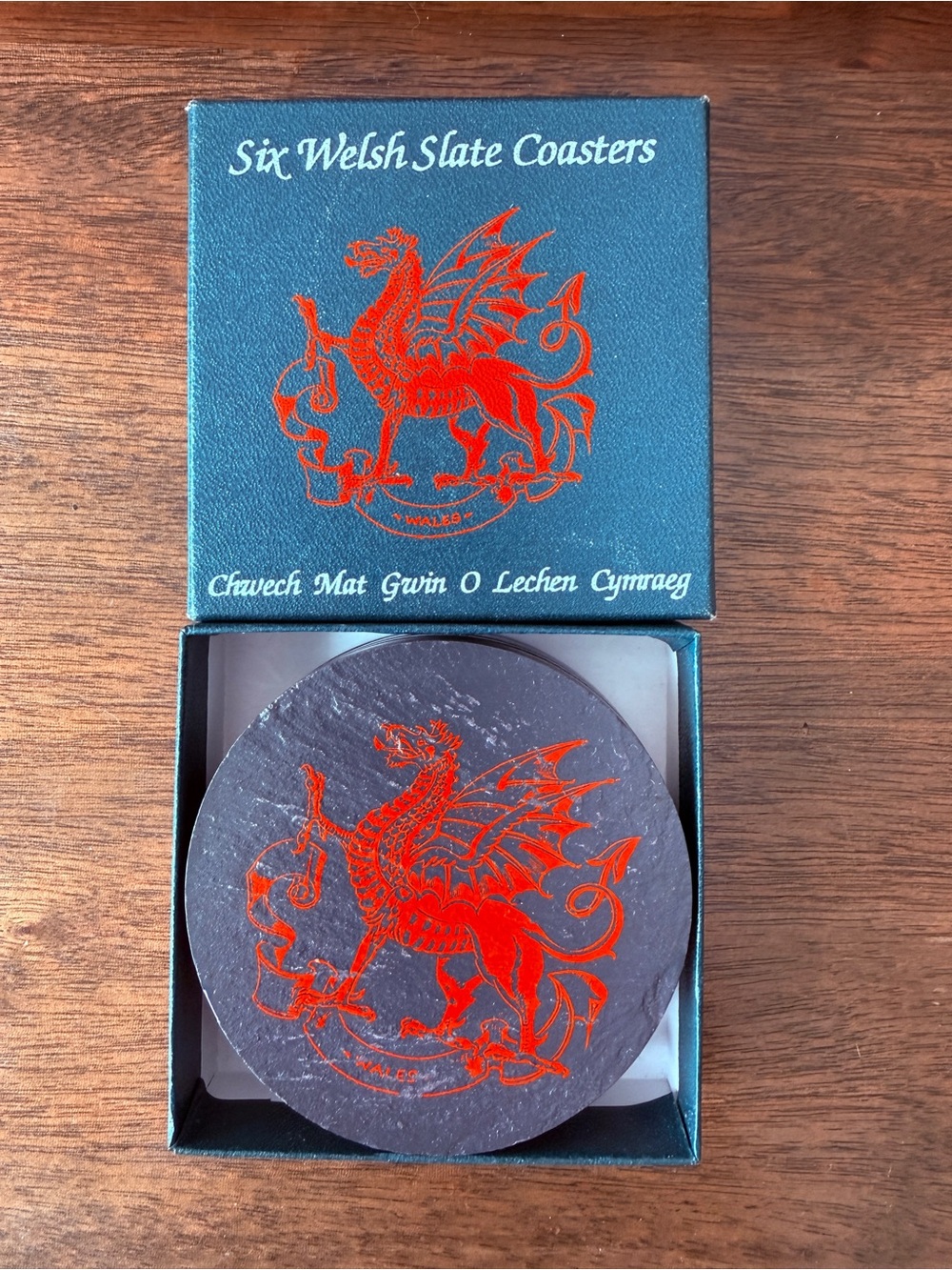 Vintage Welsh Slate Coasters Set of 6 Red Dragon Celtic Fantasy Barware Cymru